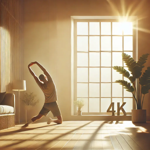 창가에서 햇빛을 받으며 기지개 켜는 사람 – 비타민D 자연 생성 상징