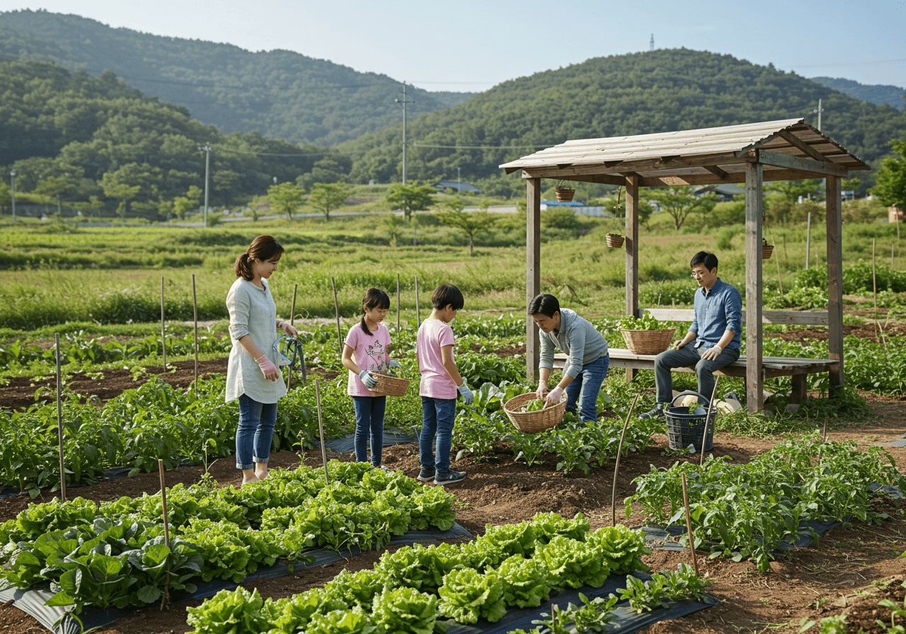 한국 시골 마을에서 4인 가족이 텃밭에서 상추와 채소를 수확하며 함께 시간을 보내는 모습, 옆에는 나무 그늘막 쉼터가 있는 장면