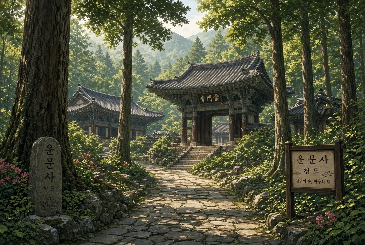 울창한 숲 사이로 돌길이 이어지고, 전통 한옥 양식의 일주문과 사찰 건물이 보이는 운문사 입구 일러스트. 왼쪽에는 &lsquo;운문사 청도&rsquo;라고 새겨진 돌비석, 오른쪽에는 &lsquo;운문사 청도 천년의 숲, 마음의 길&rsquo;이라고 적힌 안내판이 있다.