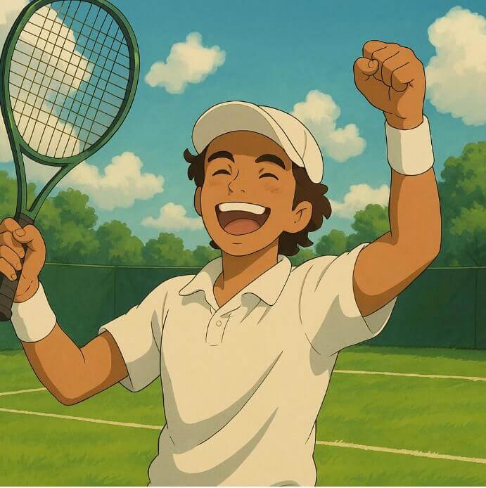 브라질 테니스 선수 조앙 폰세카가 승리후 환호하는 그림