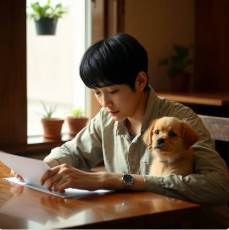 강아지 식단표를 보고 있는 보호자