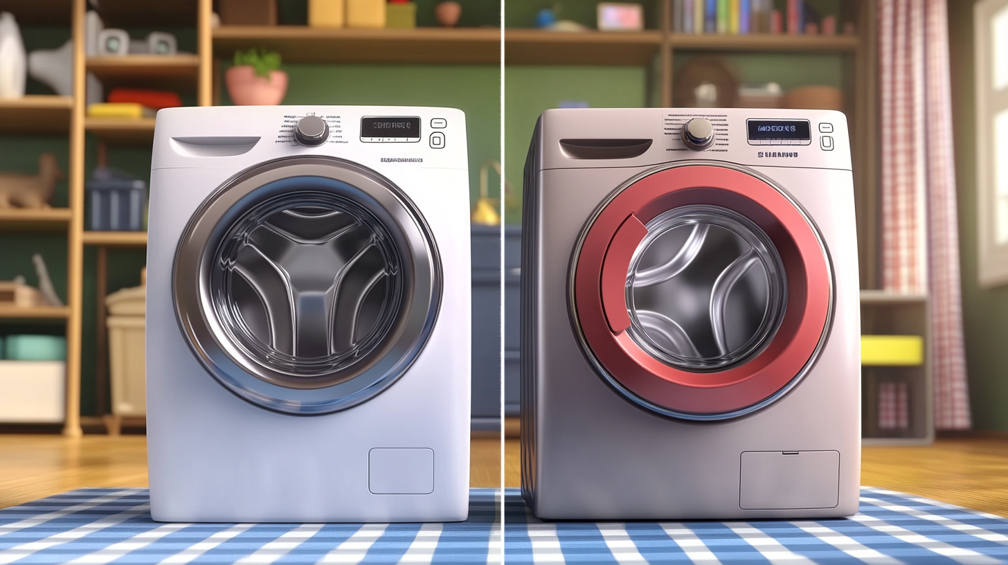 현대적인 쇼룸 환경에서 디자인과 기술적 차이를 강조하며 삼성 세탁기와 경쟁사 세탁기를 비교하는 화면 분할 이미지