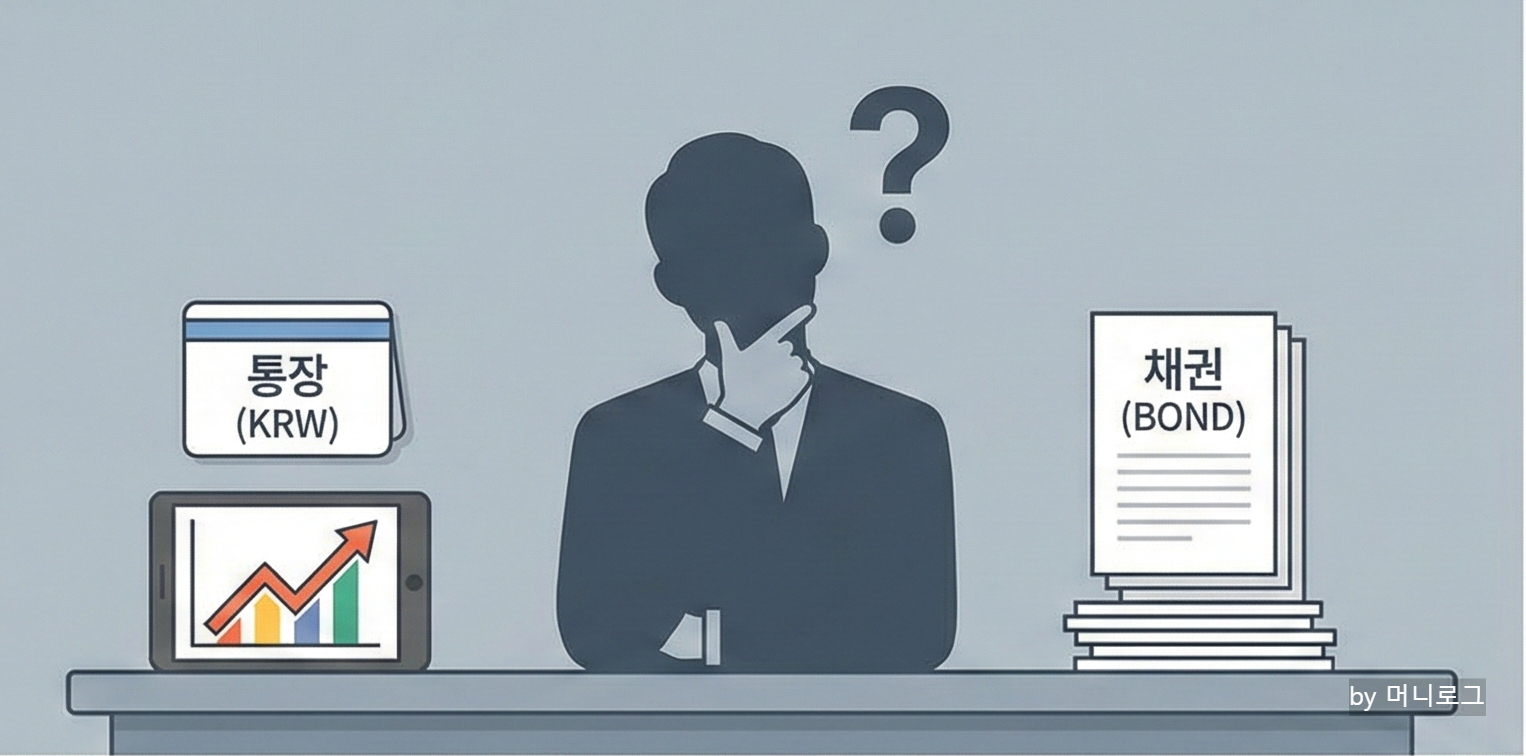 은행 통장, 주식 차트, 채권(서류 또는 ‘BOND’ 텍스트)이 나란히 놓여 있고 투자자가 고민하는 일러스트
