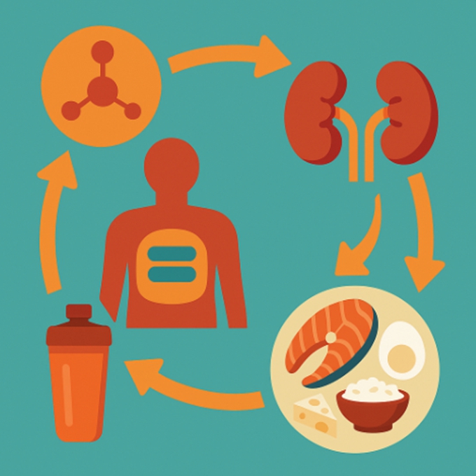 단백질 대사 흐름을 상징하는 인포그래픽과 단백질 식품 사진