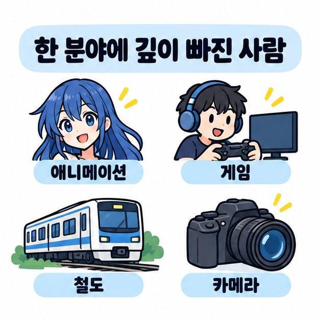 특정 분야에 깊이 몰두한 사람이라는 의미를 애니메이션과 카메라, 철도 아이콘으로 보여주는 카드