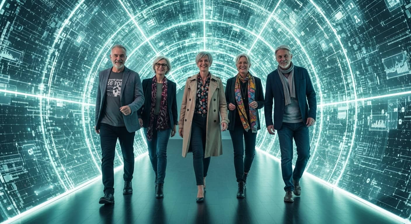 디지털 터널 속을 함께 걸으며 미래를 향해 나아가는 시니어 전문가들의 모습. 기술과 혁신의 변화를 두려워하지 않고 새로운 디지털 세상을 탐험하는 시니어 세대의 자신감과 도전 정신을 상징적으로 표현한 장면.