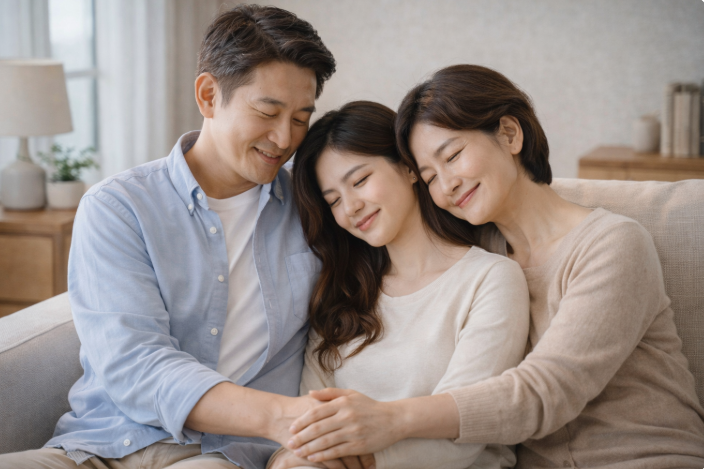 따뜻한 미소로 서로를 감싸 안은 가족 세 명이 거실 소파에 앉아 평온한 시간을 보내는 모습