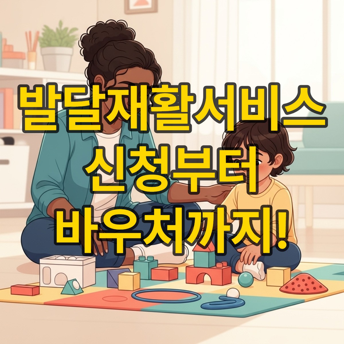 발달재활서비스를 통해 언어, 행동, 감각통합 치료를 받는 아동과 부모의 행복한 모습. 희망찬 분위기 속에서 아이가 성장하고 있습니다.