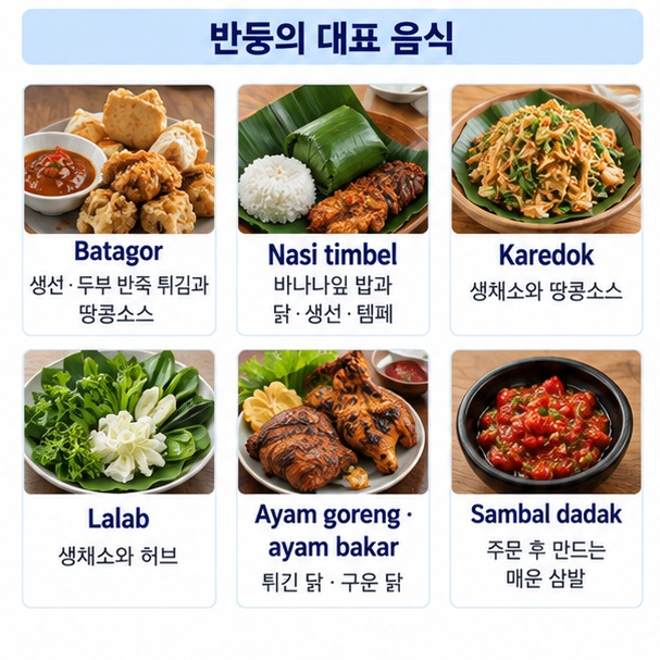 바타고르 나시 팀벨 카레독 라랍 아얌 고렝 아얌 바카르 삼발 다닥 등 반둥에서 먹어볼 현지 음식을 설명한 인포그래픽