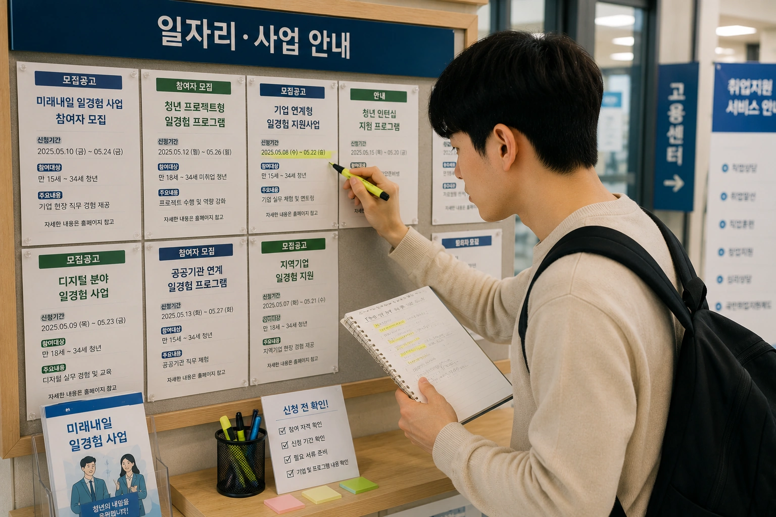 청년이 미래내일 일경험 모집 공고 게시판을 확인하며 신청 자격과 모집 기간을 꼼꼼하게 살펴보는 모습