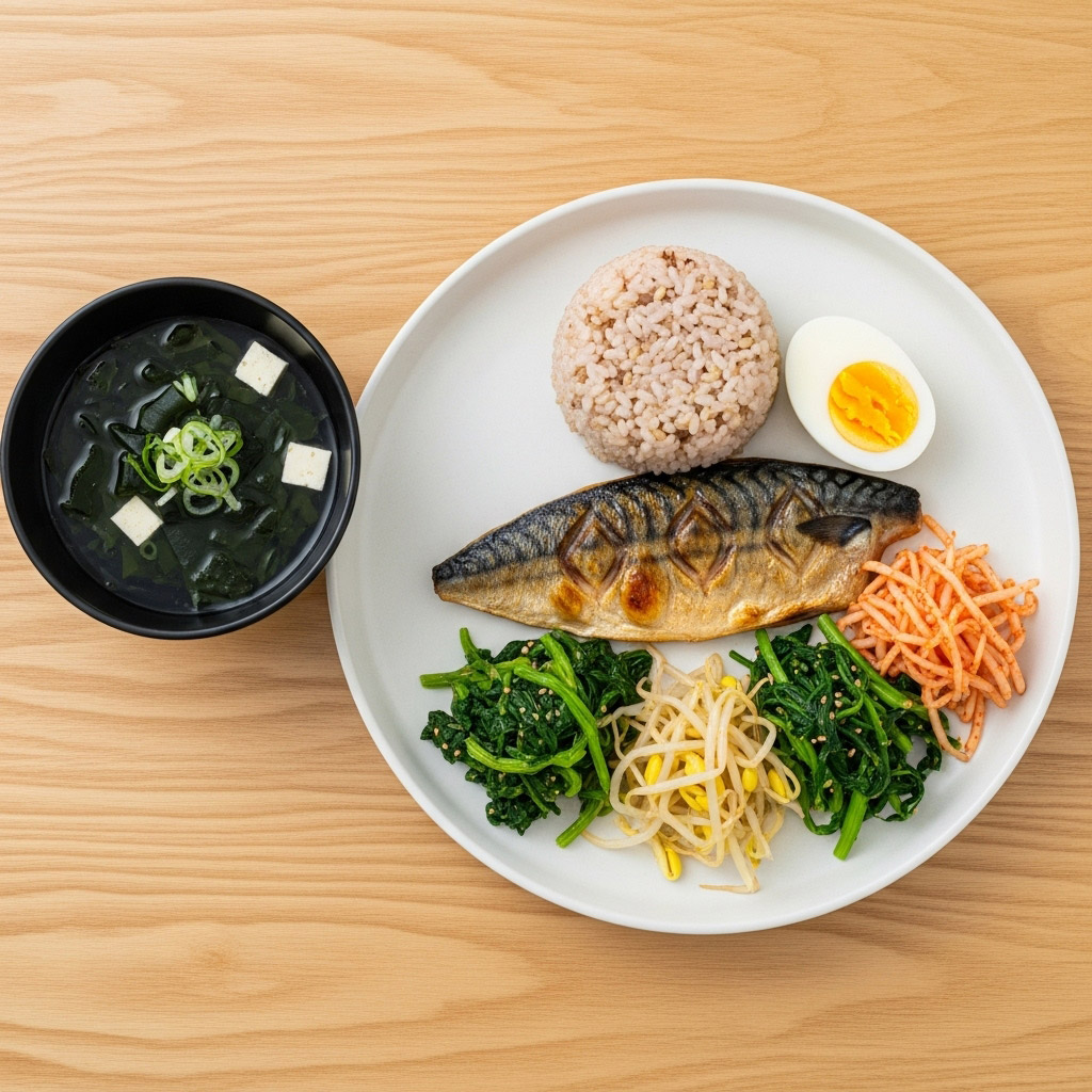 현미밥과 생선구이, 나물로 구성된 중년 다이어트 건강 식단
