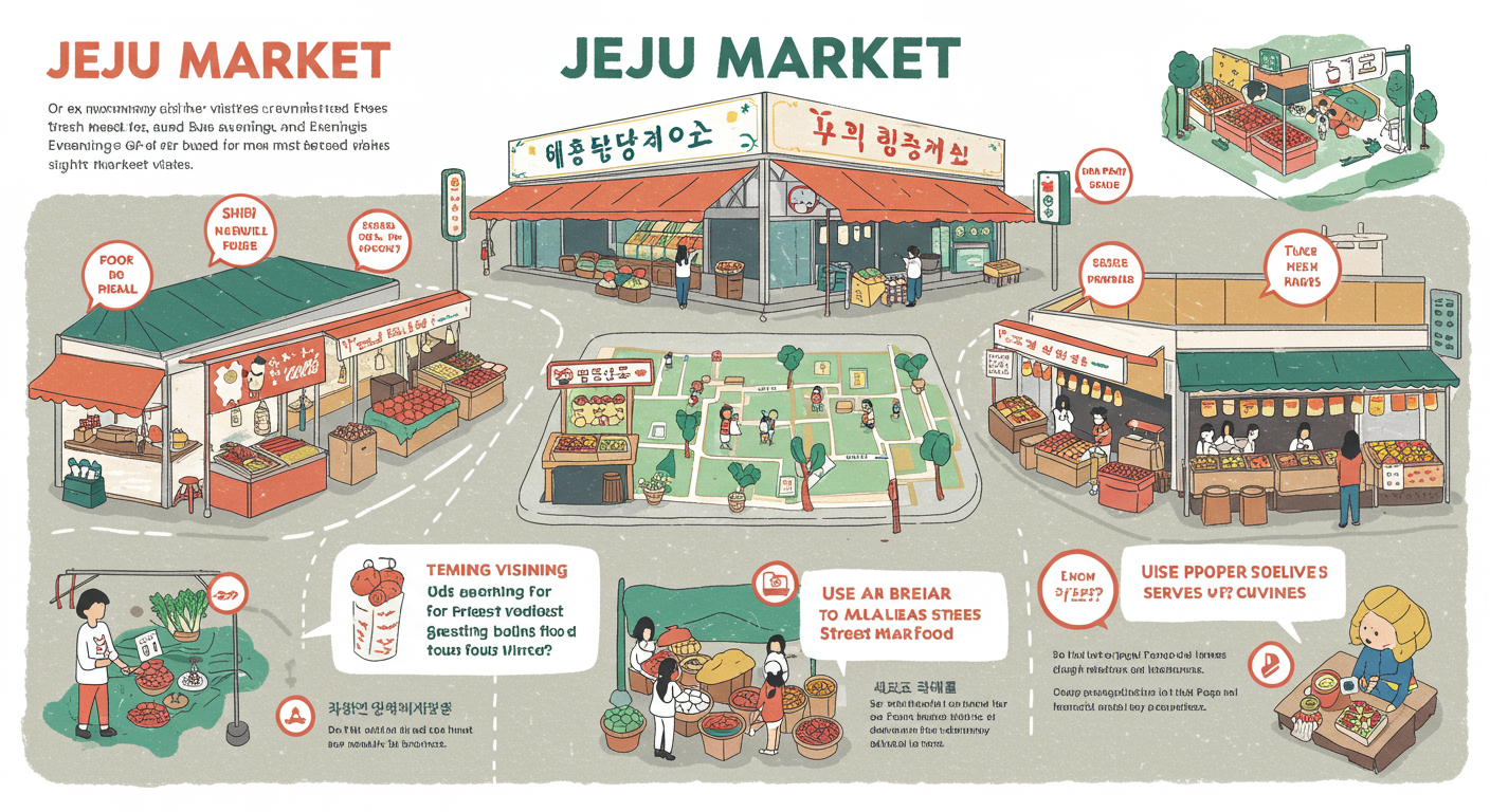 제주 시장 방문 시 추천 시간대, 현금 준비, 택배 서비스 등 이용 꿀팁을 보여주는 인포그래픽.