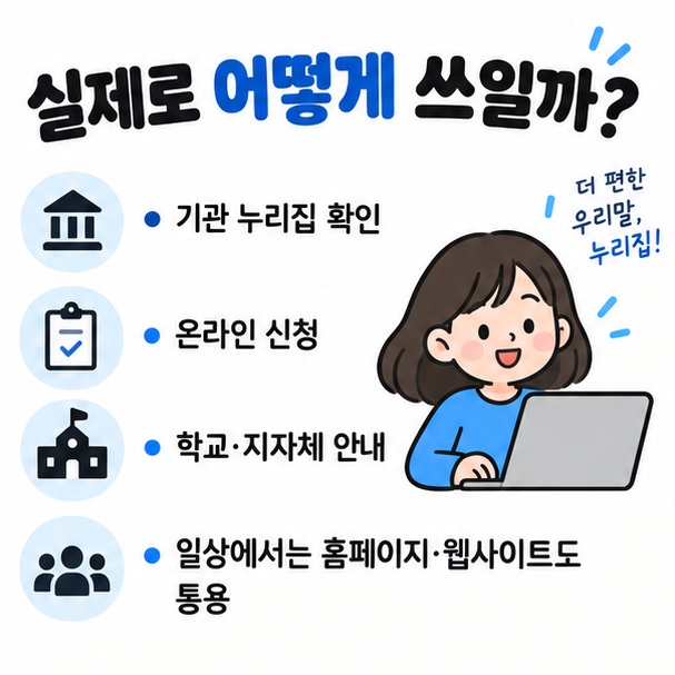 기관 누리집에서 확인 온라인 신청 학교와 지자체 안내 등 누리집 실제 사용 예시를 정리한 이미지