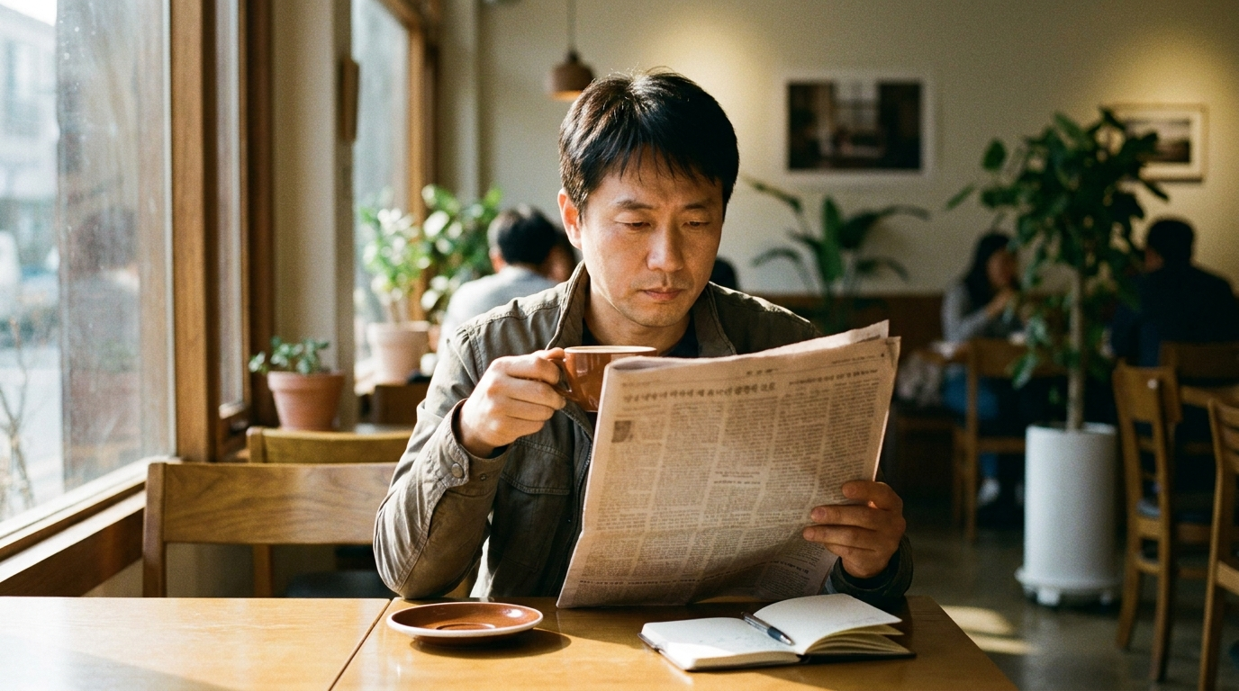 카페에서 경제 신문 읽는 사람