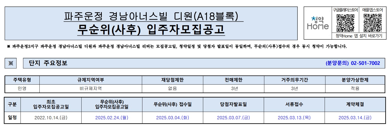 파주 운정 경남아너스빌 디원 줍줍 청약