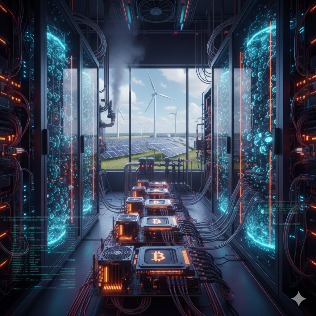 현대적인 데이터 센터 내부의 대칭적인 복도 전경이에요. 양옆에는 푸른 빛이 감도는 고밀도 서버 랙들이 줄지어 서 있고, 바닥 중앙에는 오렌지색으로 빛나는 비트코인 로고가 각인된 여러 개의 연산 유닛들이 일렬로 배치되어 복잡한 케이블로 연결되어 있어요. 정면의 큰 창밖으로는 넓은 들판에 설치된 수많은 태양광 패널과 하얀 풍력 발전기들이 보이며, 첨단 기술과 재생 에너지가 결합된 미래형 에너지 효율 최적화 채굴 시설의 모습을 보여줘요.