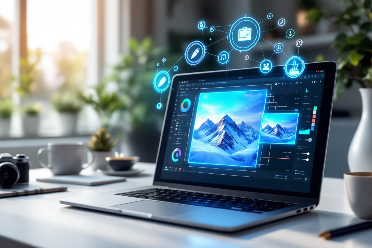현대적인 작업 공간의 노트북 화면에 실시간 이미지 편집 도구가 표시되어 있습니다. 화면에는 아름다운 설산 이미지가 강조되어 있으며, 주변에 떠다니는 다양한 홀로그램 아이콘이 보입니다. 아이콘들은 연필, 브러쉬, 파일 폴더, 색상 팔레트 등을 상징하며 직관적이고 사용자 친화적인 AI 기반 이미지 편집 기능을 나타냅니다. 배경은 따뜻한 자연광이 비치는 창문과 식물로 꾸며진 세련된 오피스 공간이며, 창의적인 분위기를 연출합니다