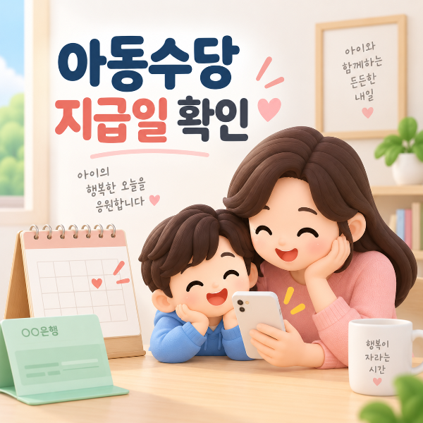 부모와 아이가 스마트폰으로 아동수당 지급일을 확인하는 모습