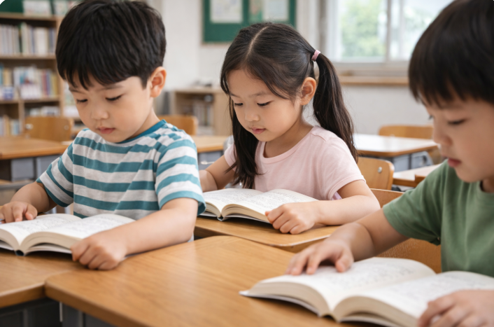 초등 저학년 학생들이 교실에서 책을 읽으며 기초 읽기 능력을 학습하는 장면