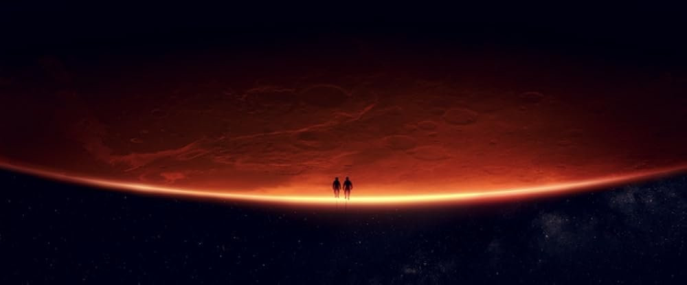 우주 유영으로 화성을 바라보는 두 주인공