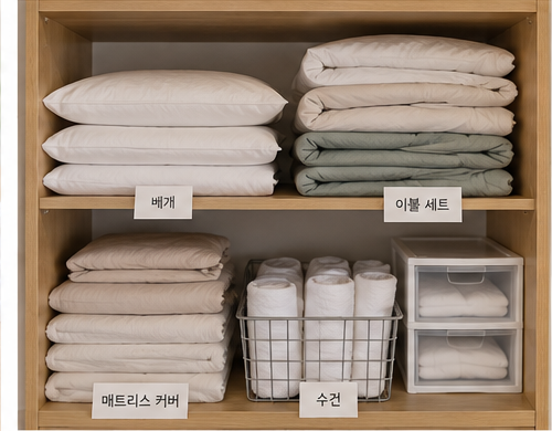 탁한 숙소 침구와 수건을 수납장에 정리해 보관하는 모습