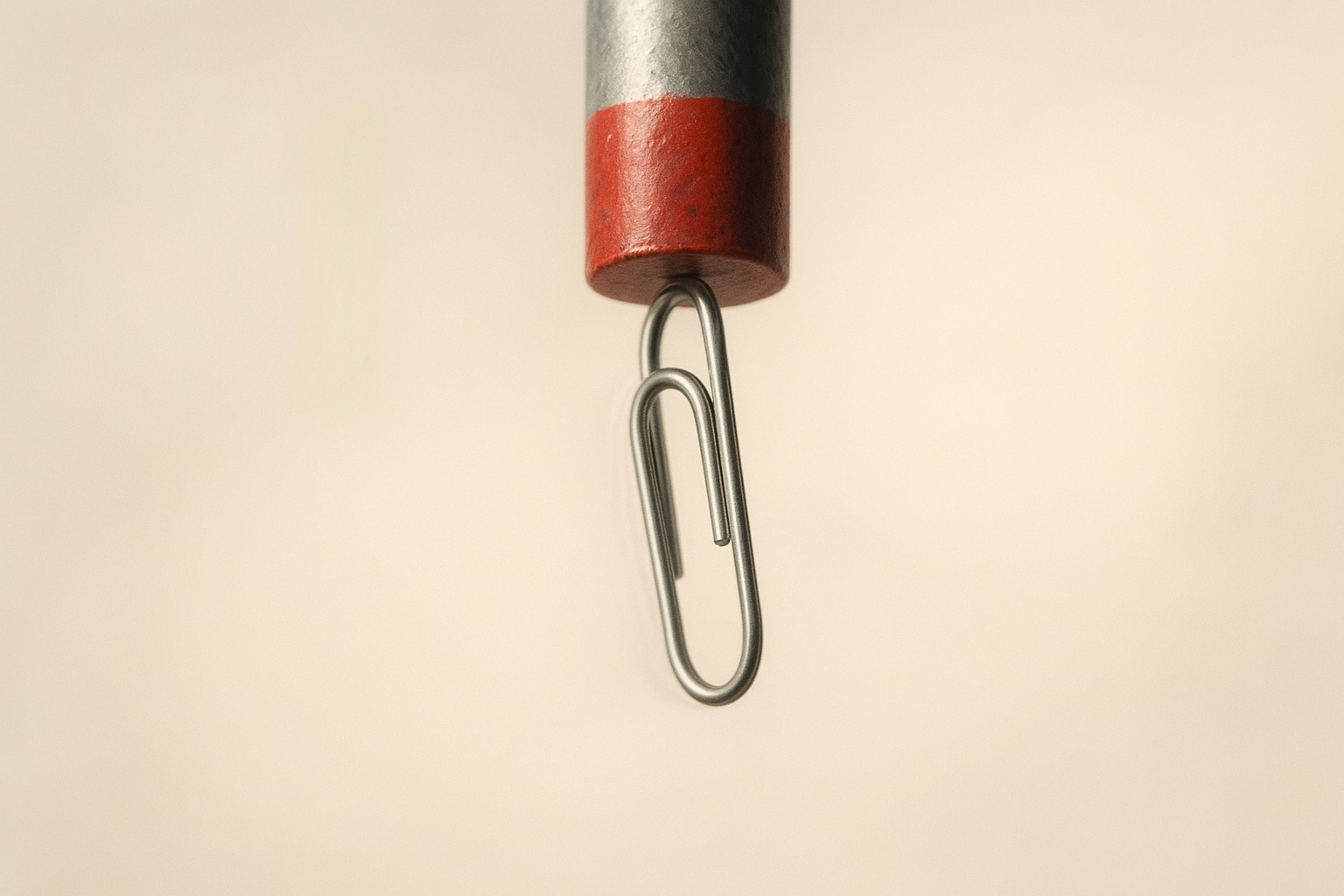 자석이 클립을 중력을 거스르고 끌어 당긴 모습