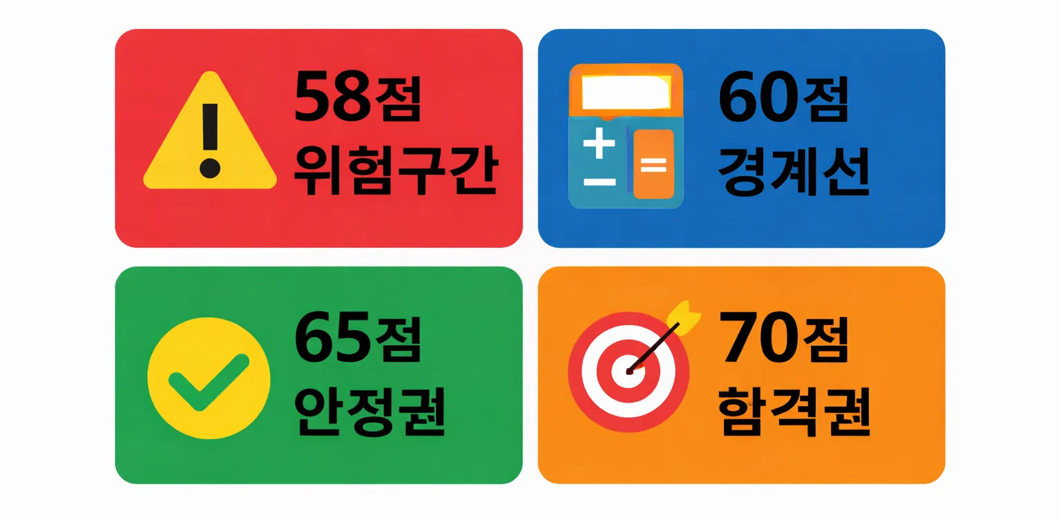 소방안전관리자 1급 58점 위험구간과 60점 경계선, 65점 안정권 비교 분석 이미지