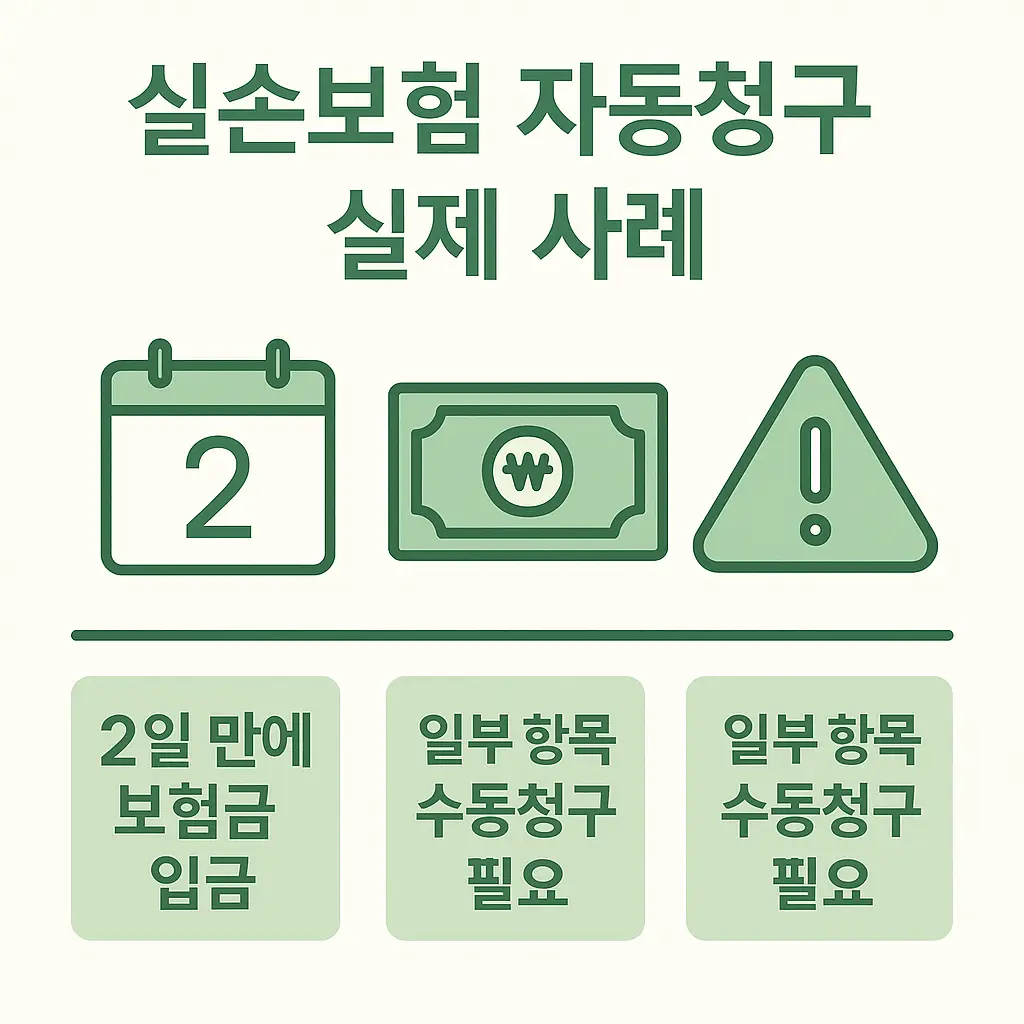 실손보험 자동청구를 이용한 실제 사례로, 2일 만에 보험금 입금된 경우와 일부 항목 수동청구가 필요한 상황을 간단히 보여주는 인포그래픽
