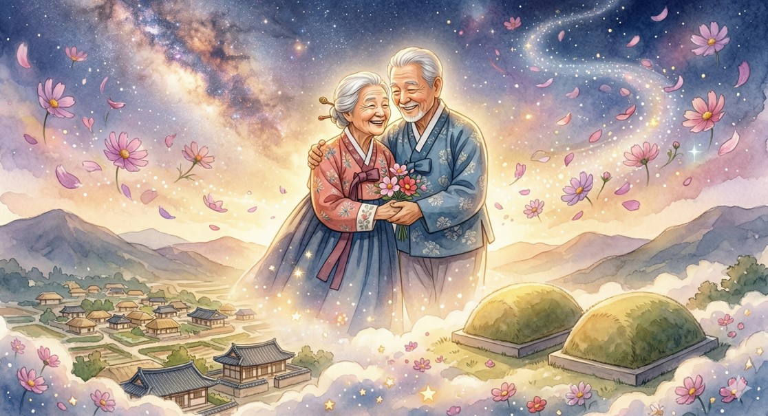 하늘 위에서 재회한 노부부가 서로를 껴안고 있는 감동적인 디지털 아트