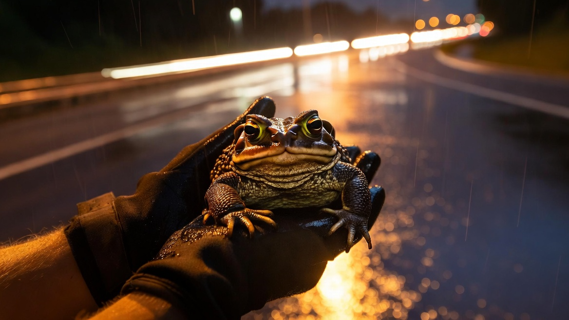 로드킬 방지를 위해 두꺼비를 안전하게 구조하는 시민의 손길