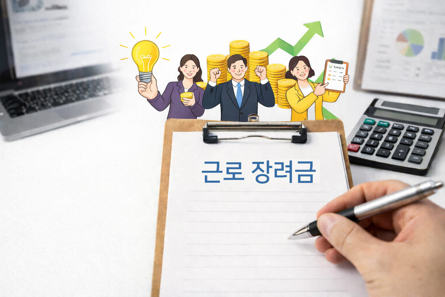 근로 장려금 신청을 상징하는 사업 서류와 계산기 일러스트 캐릭터가 함께 있는 정부 지원금 컨셉 이미지