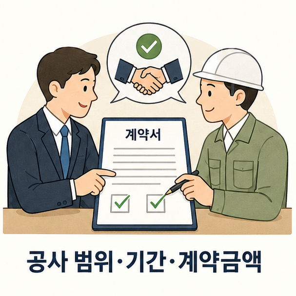 발주자와 수급인이 공사 범위&middot;기간&middot;계약금액을 확인하는 모습