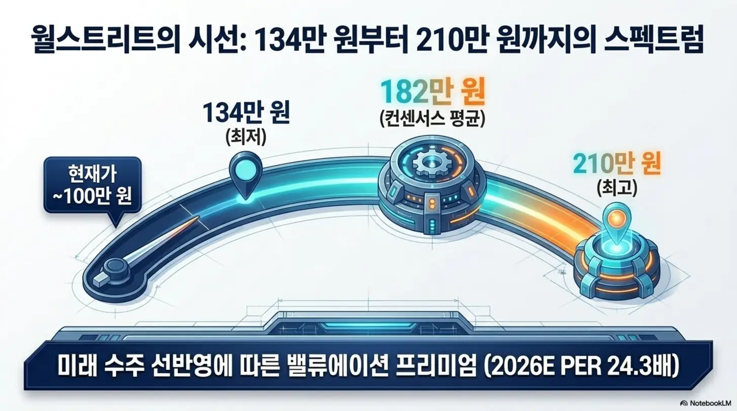 한화에어로스페이스 목표주가가 증권사별로 최저 134만 원부터 컨센서스 평균 182만 원, 최고 210만 원까지 분포함을 아치형 스펙트럼 그래픽으로 표현한 인포그래픽. 현재가 약 100만 원과 2026년 추정 PER 24.3배를 함께 보여주며, 한화에어로스페이스 목표주가와 밸류에이션을 설명함