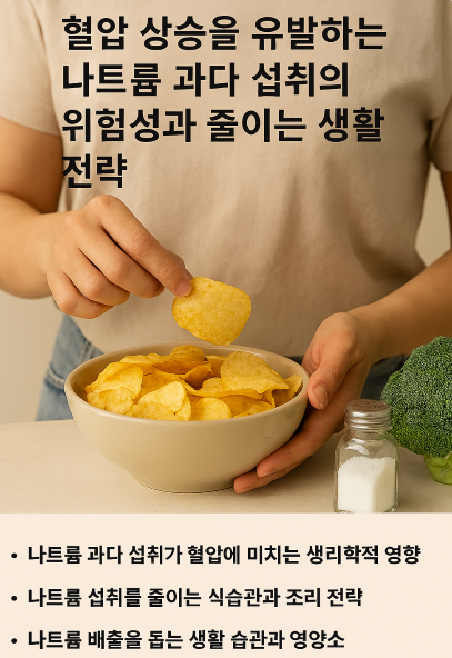 짠 음식과 나트륨 함량 높은 가공식품 옆에 저염 식단과 칼륨이 풍부한 채소가 함께 놓인 장면으로, 혈압 관리에 필요한 식습관을 시각적으로 보여주는 이미지