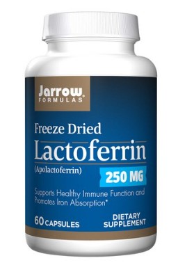 하얀약통에 파란색 스티커로 몸을 감싼 Jarrow Formulas 락토페린 250mg 캡슐 사진이다.