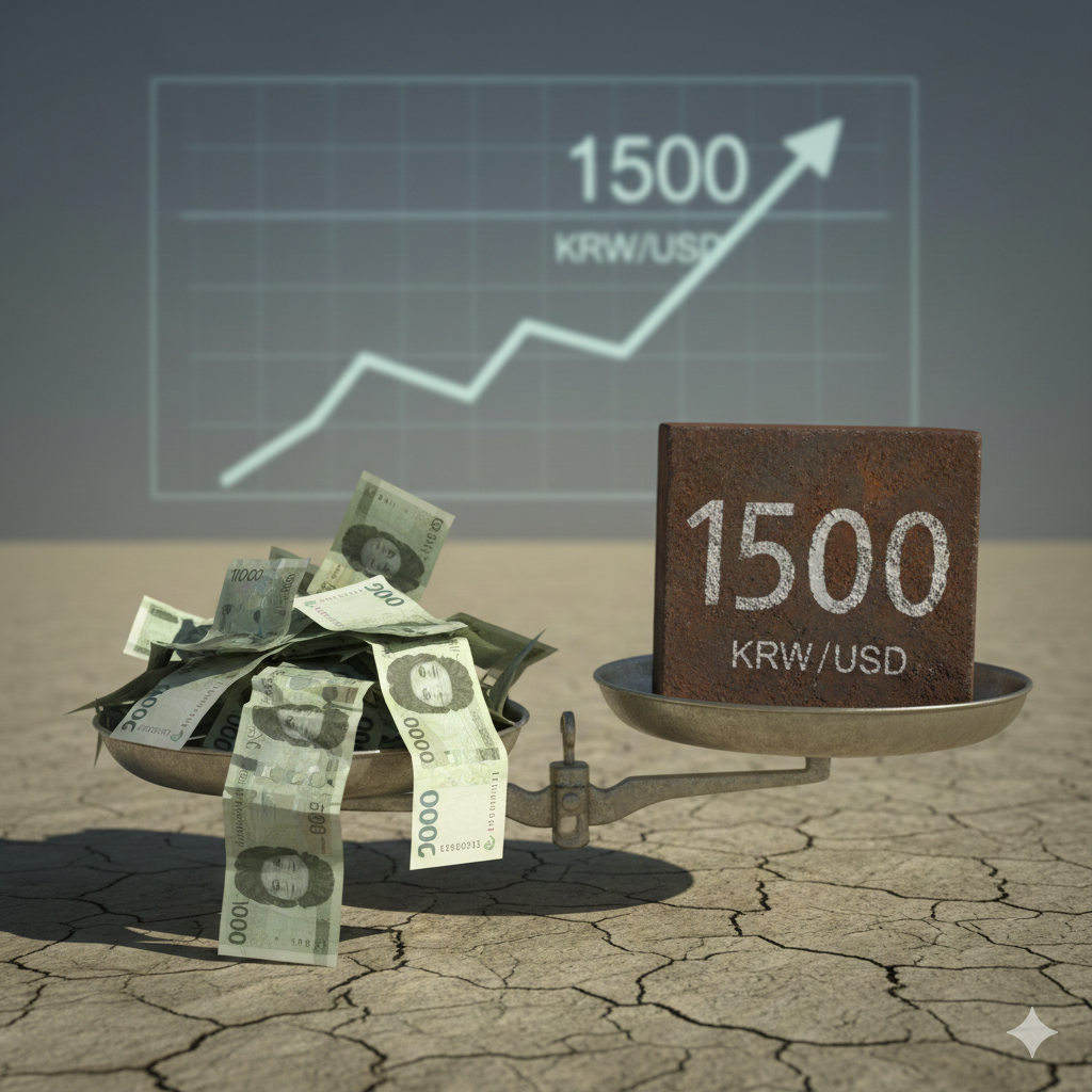 대한민국 환율이 1,500원을 돌파하며 원화 가치가 하락하고 물가가 상승하는 경제 위기 상황을 묘사한 3D 렌더링 이미지