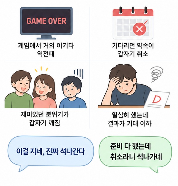 게임 패배 약속 취소 분위기 단절 기대 이하 결과 등 석나간다를 사용하는 대표 상황을 보여주는 이미지