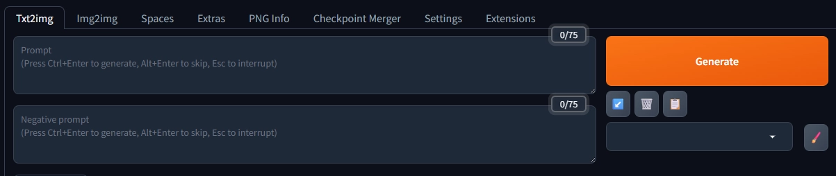프롬프트 입력 및 이미지 생성과 메뉴바 모습