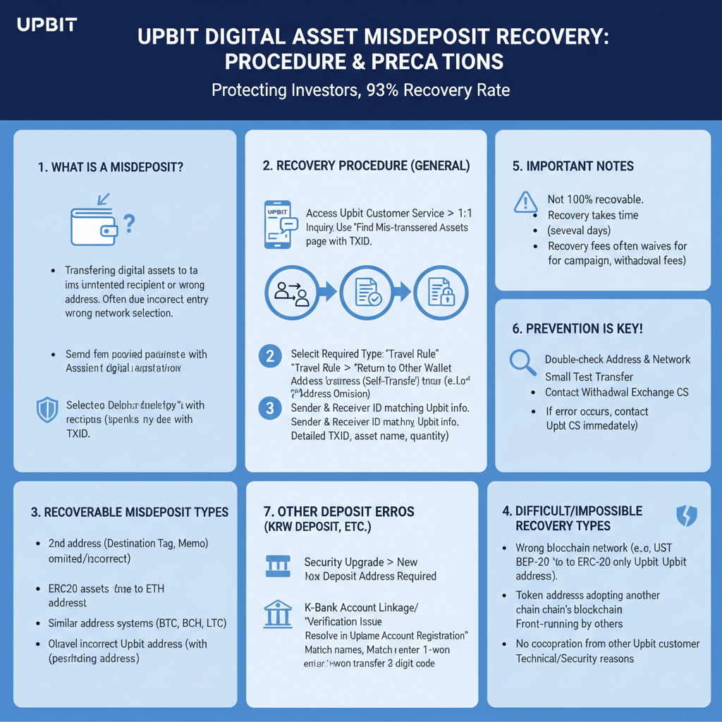 업비트 디지털 자산 오입금 복구 절차 및 예방 가이드. 정의, 복구 방법, 중요 유의사항, 예방 팁을 안내합니다.