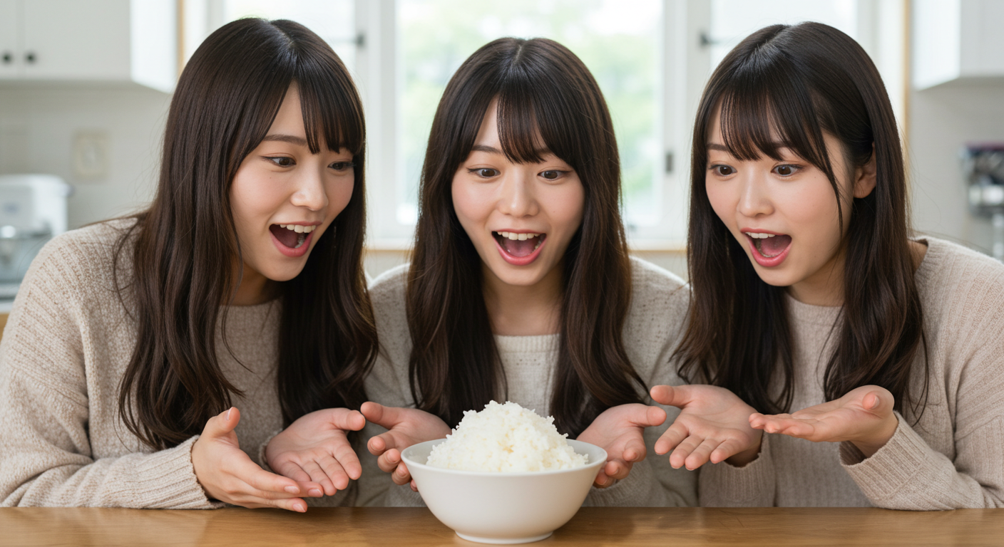 한국 쌀을 보며 놀라고 있는 일본 여성 세명.