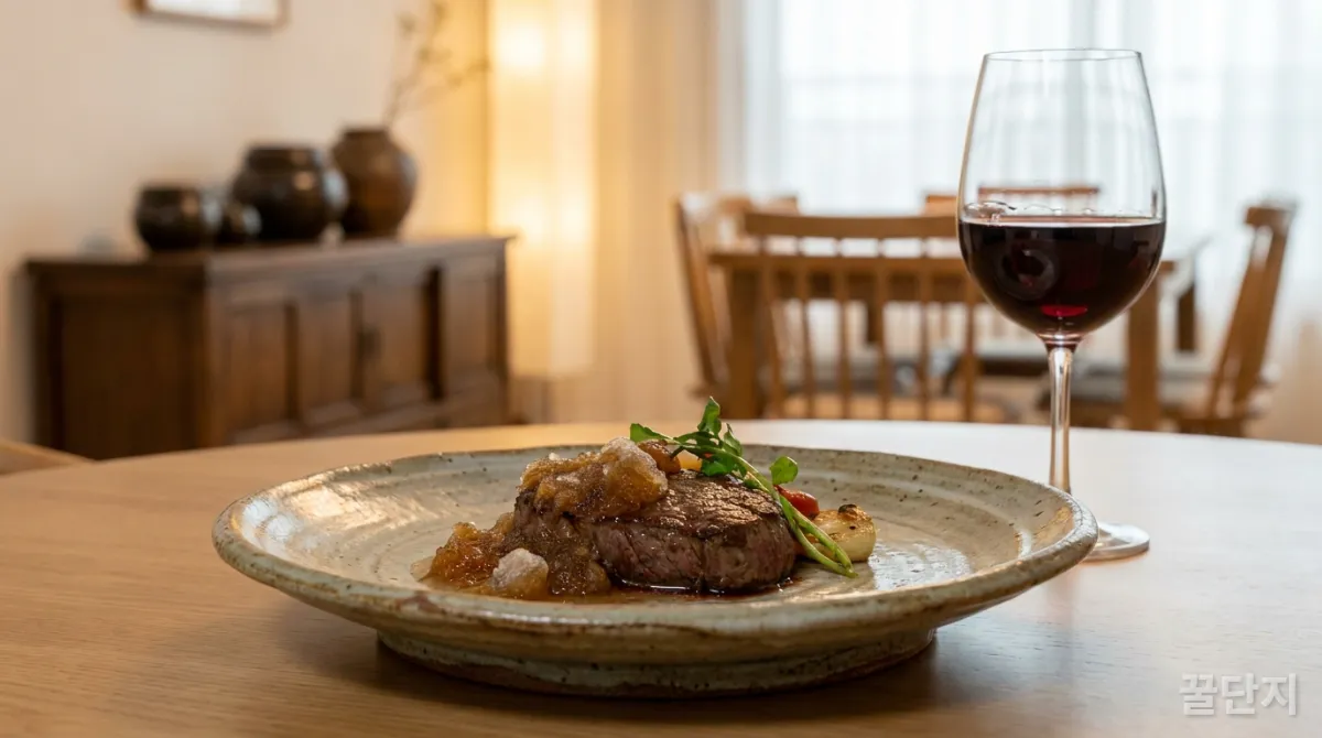 우아한 접시에 담긴 냉동 파인다이닝 요리, 배경은 아늑한 한국 가정의 식탁