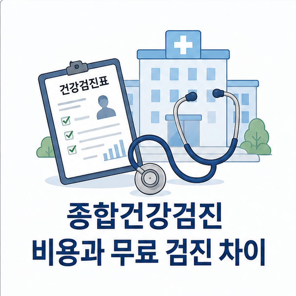 건강검진표와 청진기, 병원 아이콘으로 종합건강검진 비용과 무료 국가검진 차이를 표현한 이미지