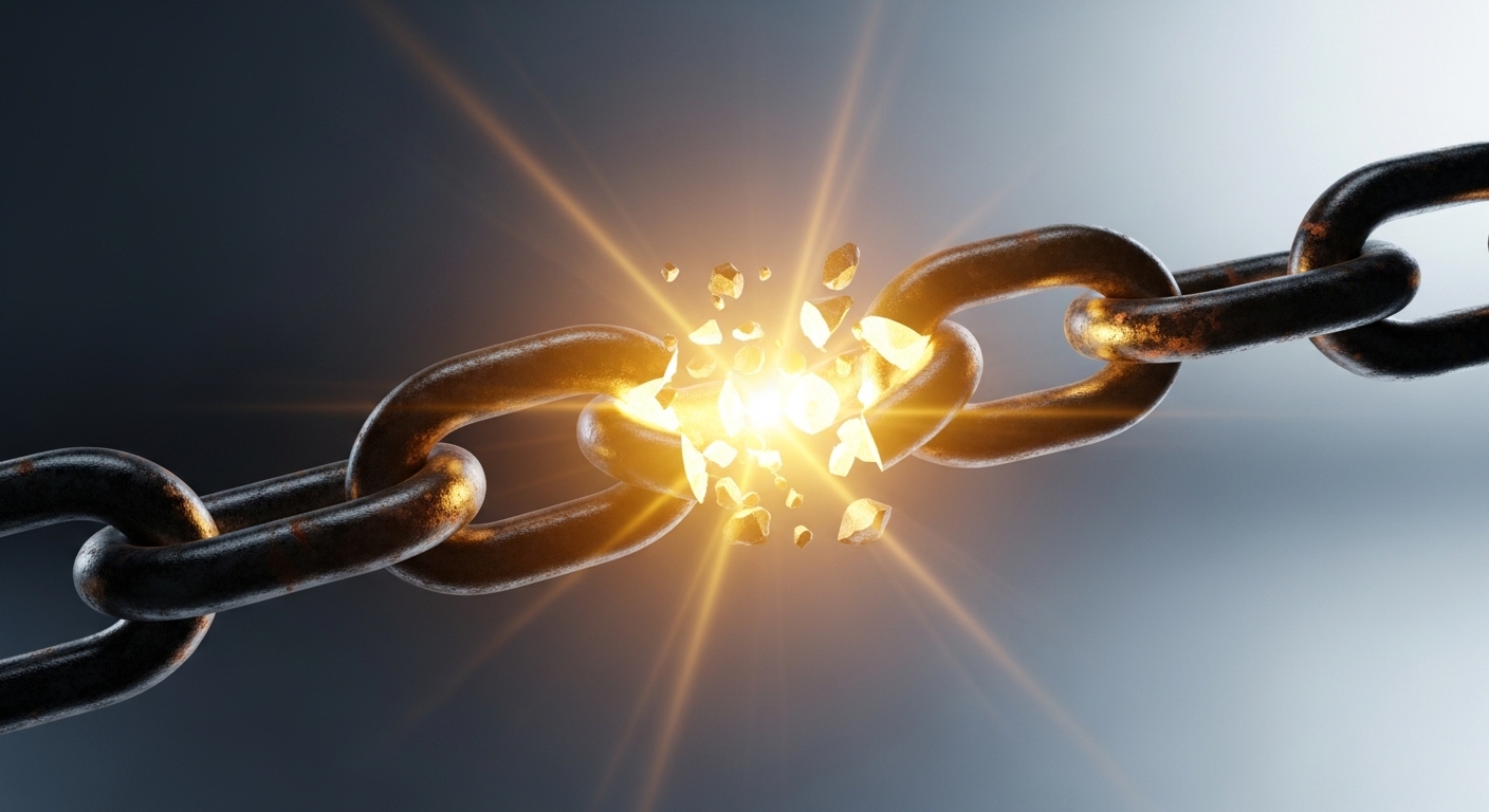 A conceptual 3D image showing a heavy iron chain being broken with a glowing golden light, symbolizing freedom from debt. Professional financial style, 8k resolution.