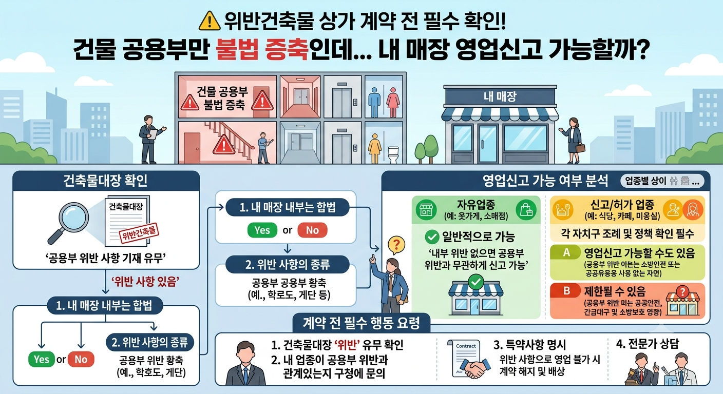 위반건축물 상가 계약 전 필수 확인! 건물 공용부만 불법 증축인데... 내 매장 영업신고 가능할까?