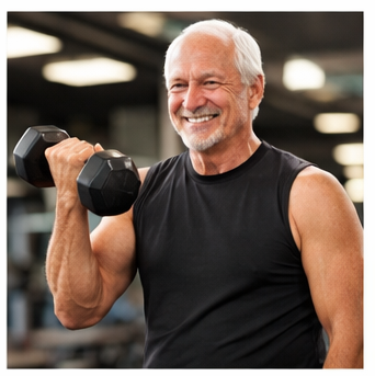 단백질이 풍부한 음식을 먹으면서 헬스장에서 근육을 만들기 위해 근력 운동하는 시니어