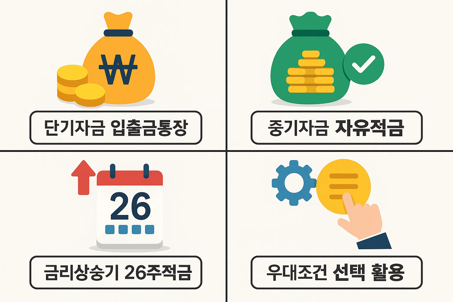 단기자금&middot;중기자금&middot;26주적금 등 상황별 상품 선택 전략과 우대조건 활용법을 시각적으로 보여주는 카카오뱅크 금리 전략 인포그래픽