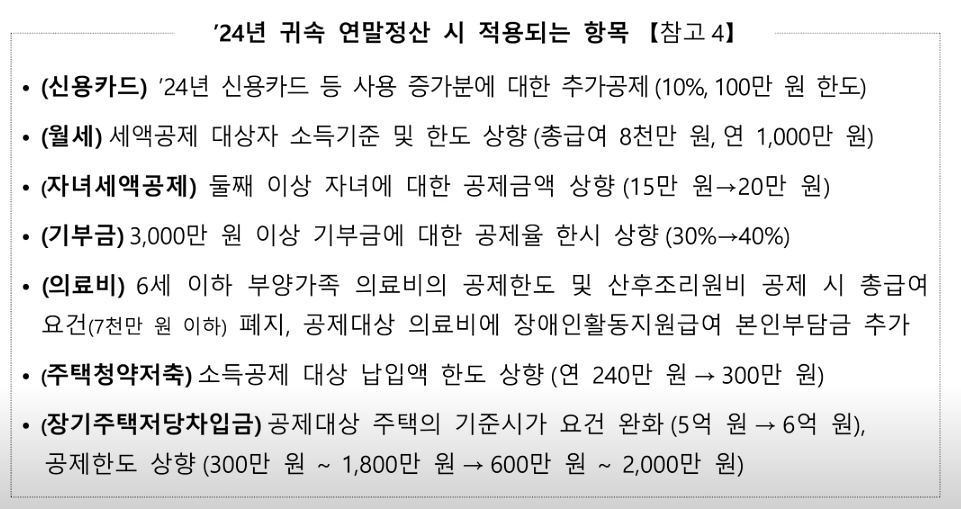 24년 귀속 연말정산 시 적용되는 항목