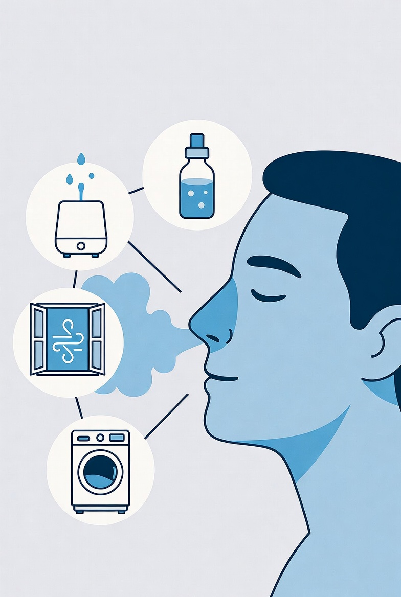 비염 환자가 코막힘을 줄이고 점막 면역력을 높이기 위해 실천해야 할 4가지 생활 습관을 보여주는 인포그래픽 일러스트입니다.