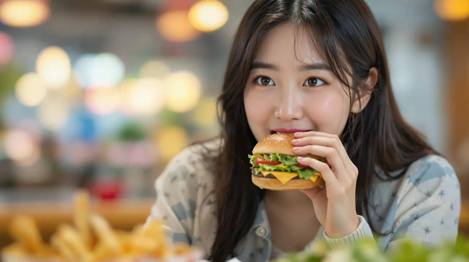 햄버거를 먹는 여성