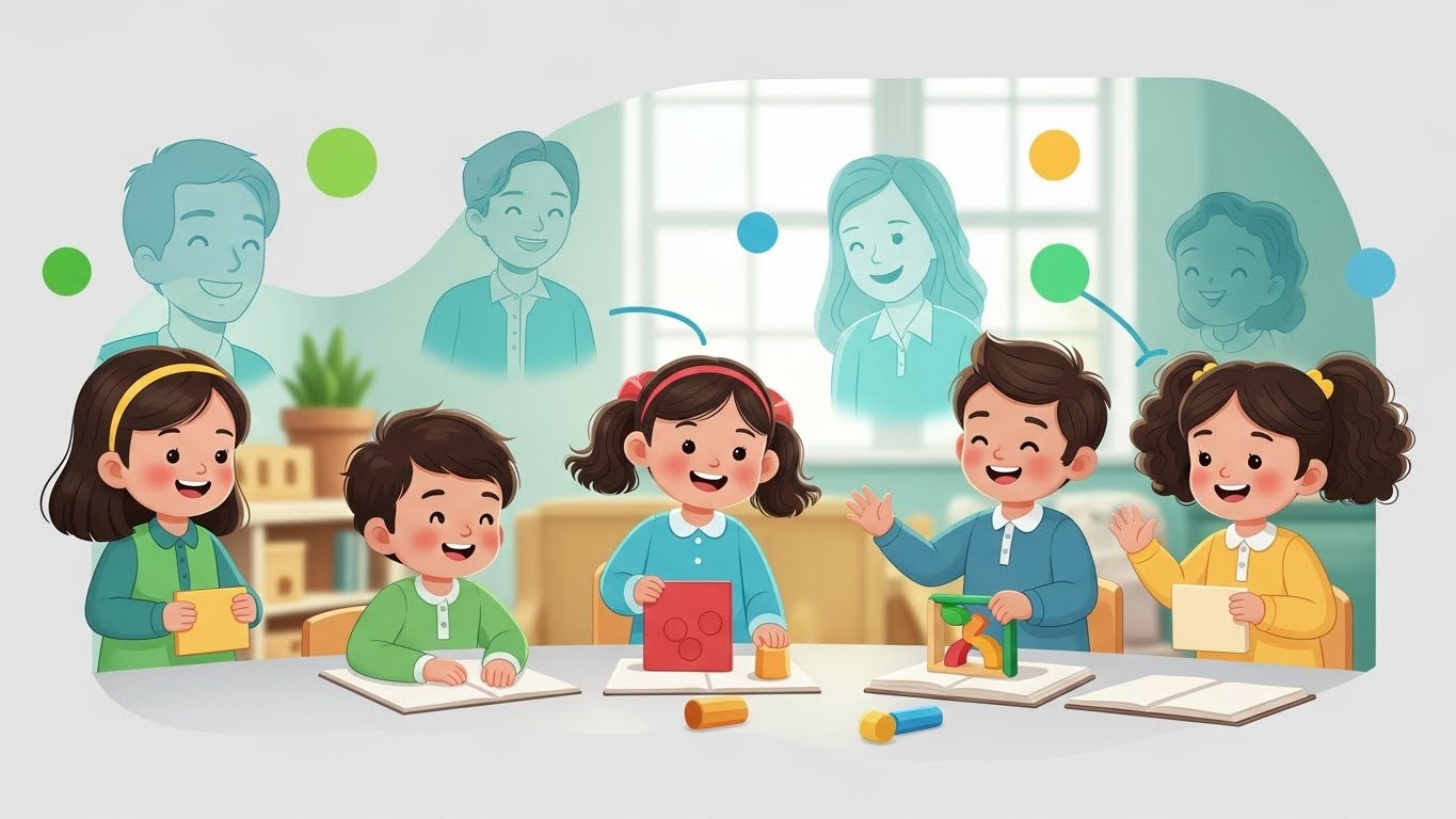 2026년부터 무상교육&middot;보육비 지원을 받으며 환하게 웃고 있는 4살 아이들의 모습과 이를 흐뭇하게 바라보는 부모들의 모습.